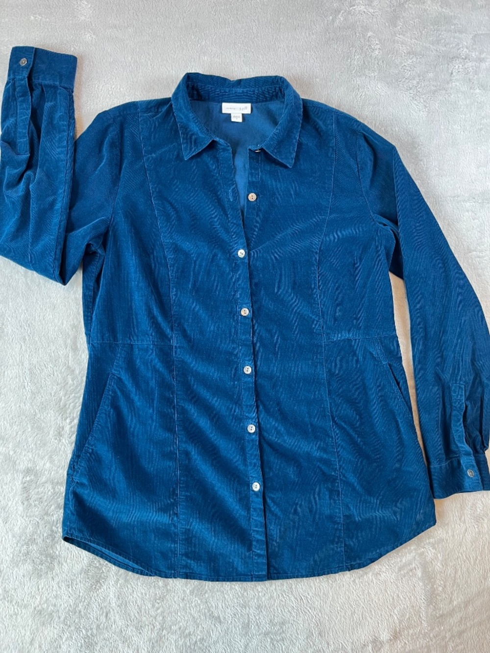 J. Jill Corduroy Teal Button Front Tunic Shirt Pockets Long Sleeve sz S Cotton